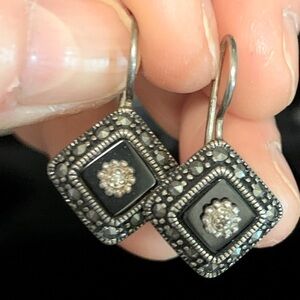 SOLD Sterling French hook earrings w/ onyx & marcasite. .925 sterling silver